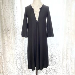 Eileen fisher black low v-neck long sleeve stretchy relaxed fit midi dress